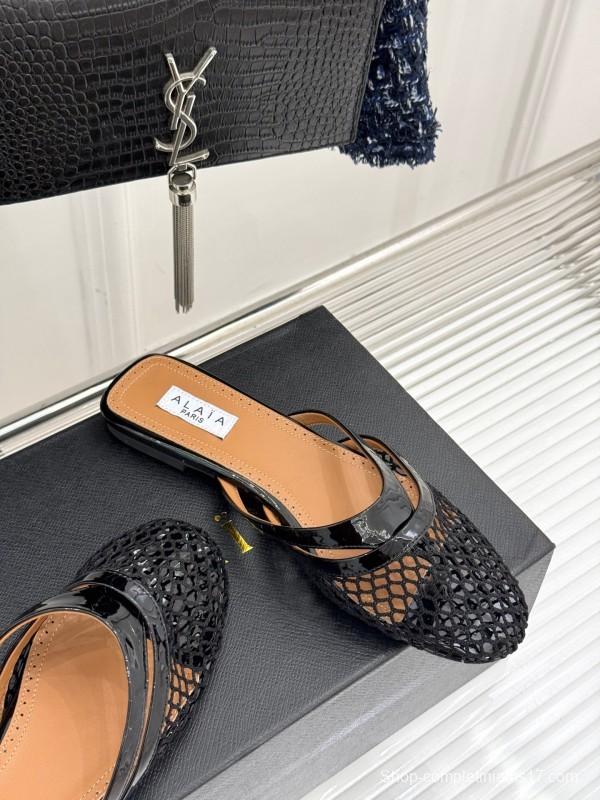 2025 Women AlAIA Black Leather Mesh Flat Mule KFY00260