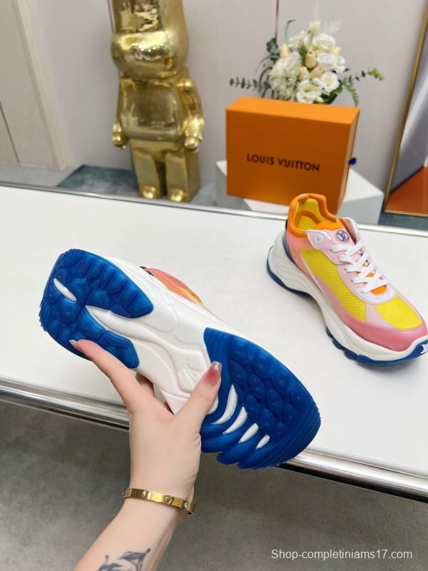 2025 Women Louis Vuitton Yellow Pink Blue Mesh Leather Sneakers