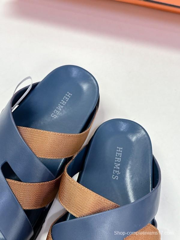2025 Slippers Hermès Blue Brown Leather Slippers