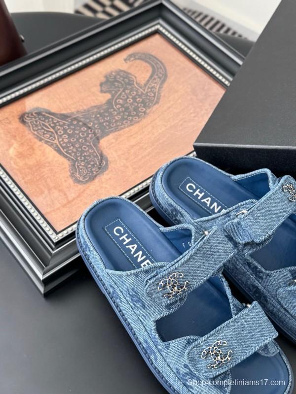 2025 Women Chanel Blue Denim Leather Slippers LY00310