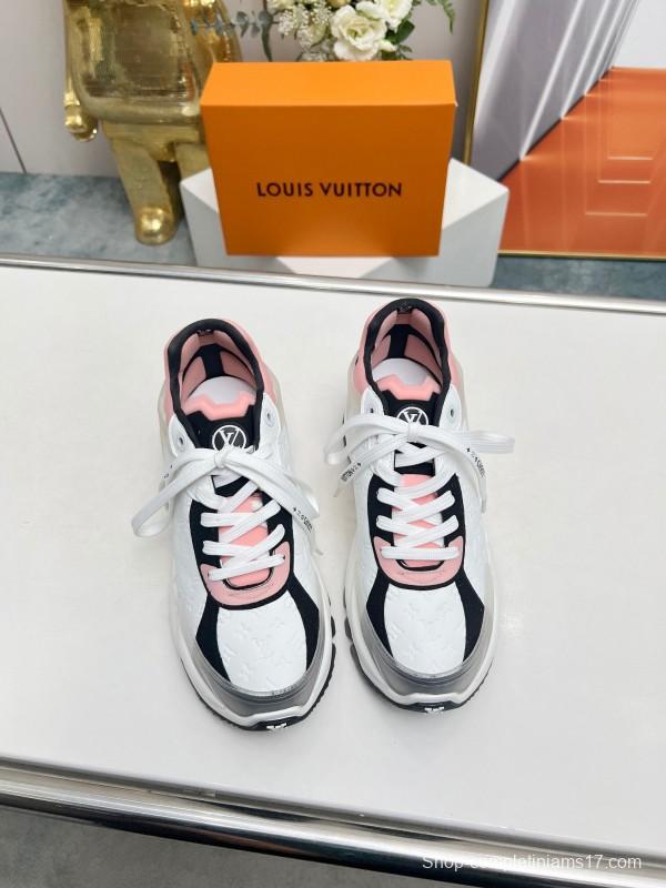 2025 Women Louis Vuitton White Black Pink Leather Mesh Sneakers LY00340