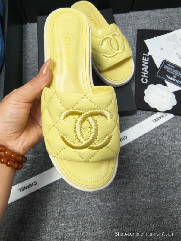 2025 Women Chanel Yellow Leather Slippers LY00250