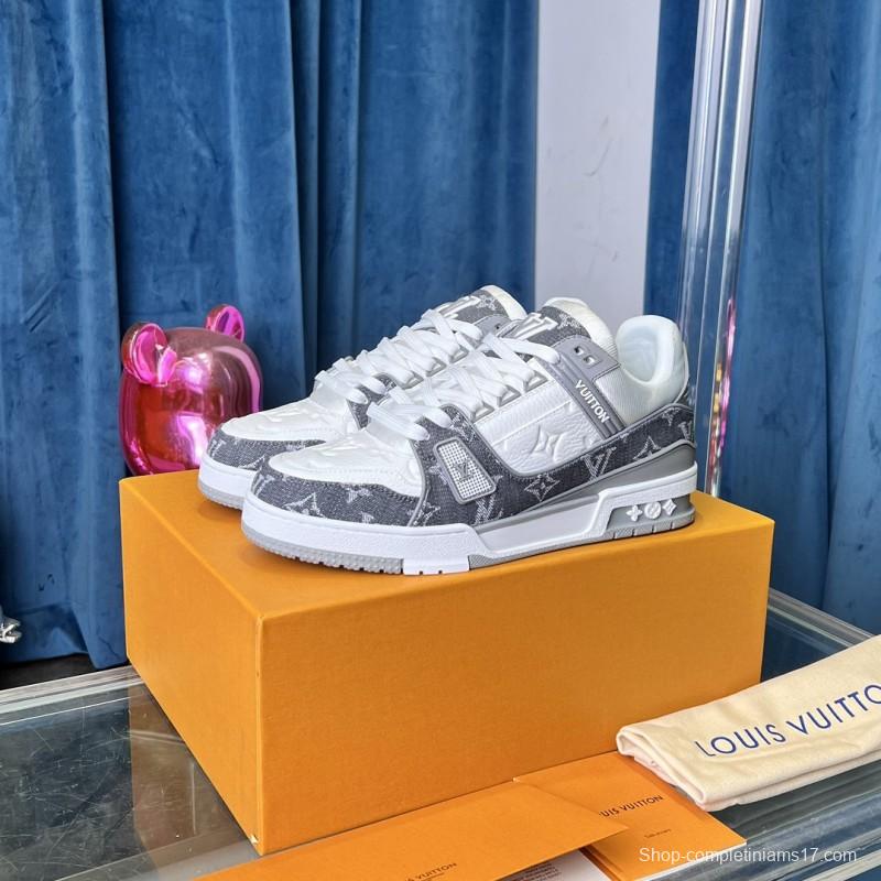 2025 Unisex Louis Vuitton Grey White Canvas Leather Sneakers