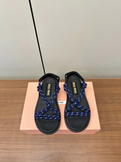 2025 Women Miu Miu Blue Black Leather Rope Sandals