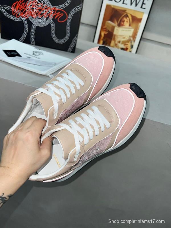 2025 Women VERSACE Pink Beige Suede Leather Sneakers Embroidery LY00320
