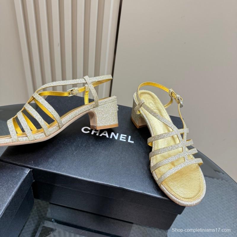 2025 Women Chanel Gold Leather Sandals KFY00290