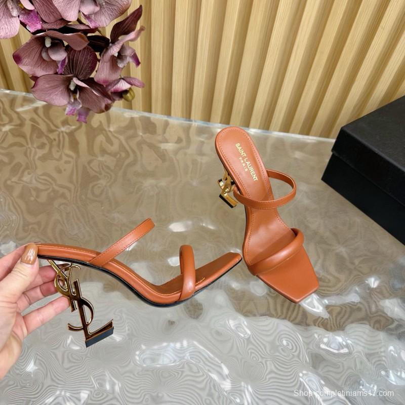 2025 Women Yves Saint Laurent Brown Leather High Heel Sandals Metal Logo MJ00310