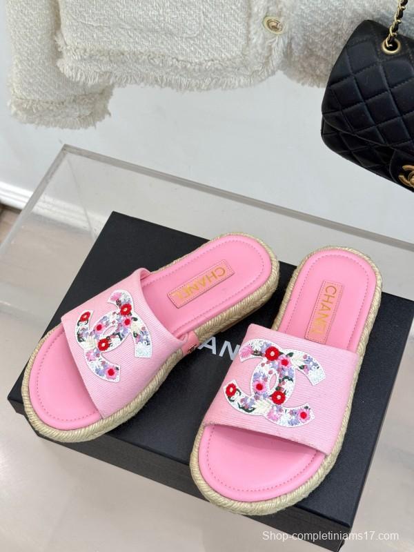 2025 Slippers Chanel Pink Canvas Embroidered KFY00230