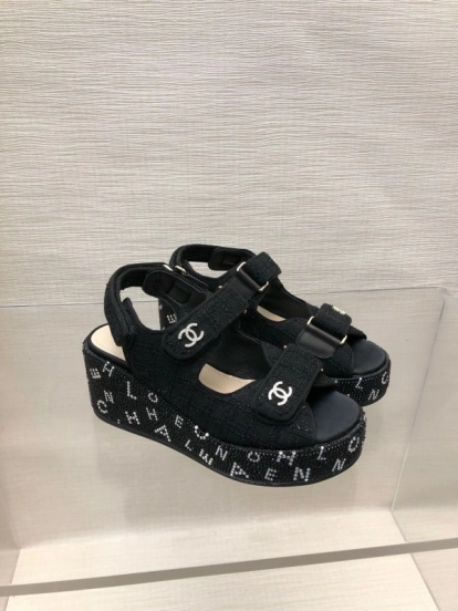 2025 Women Chanel Black Fabric Platform Sandals LY00330