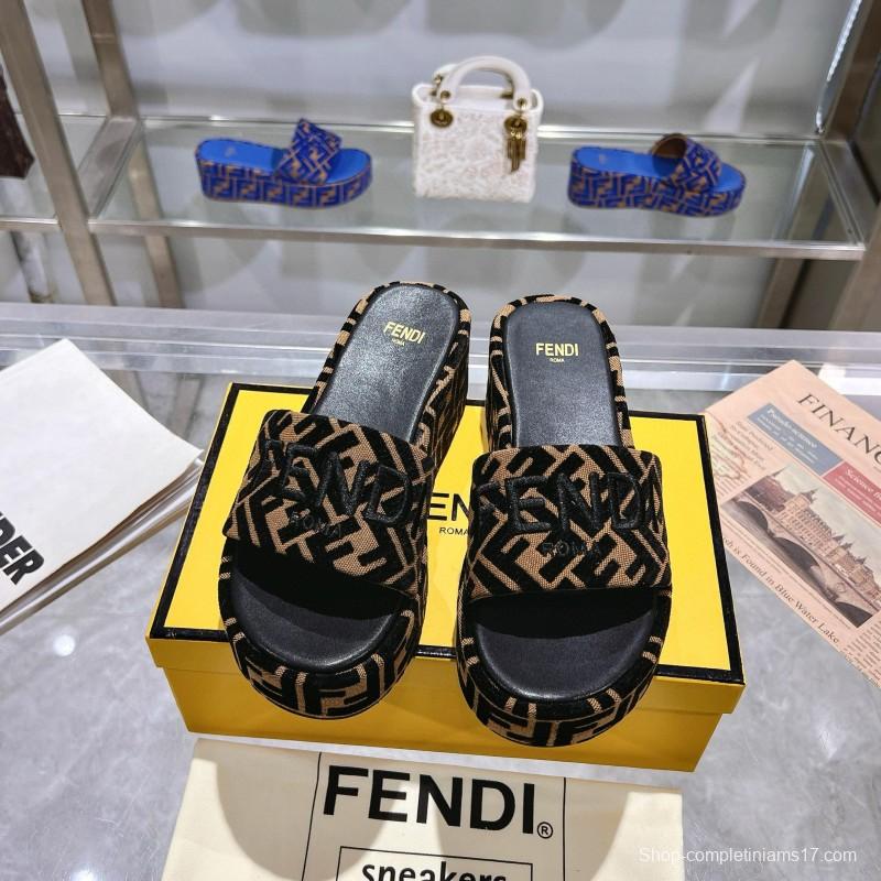 2025 Fendi Black Beige Canvas Platform Slippers