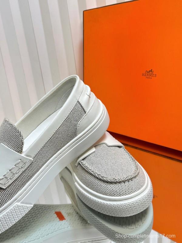 2025 Women Hermès White Mesh Leather Casual Loafers LY00310