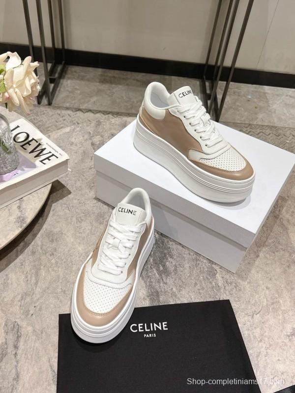 2025 Women Celine Beige White Leather Platform Sneakers