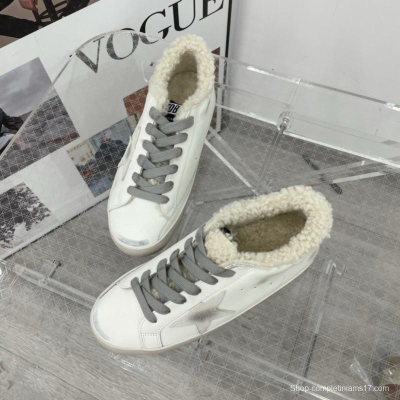 2025 Women GGDB White Grey Leather Shearling Sneakers