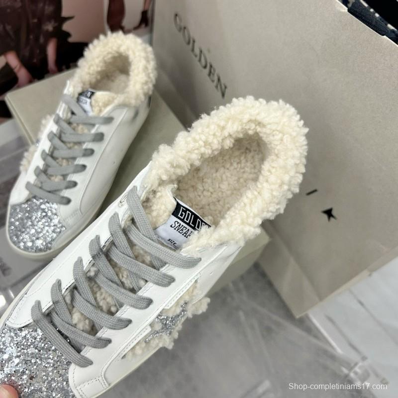 2025 Women GGDB White Gray Shearling Leather Sneakers