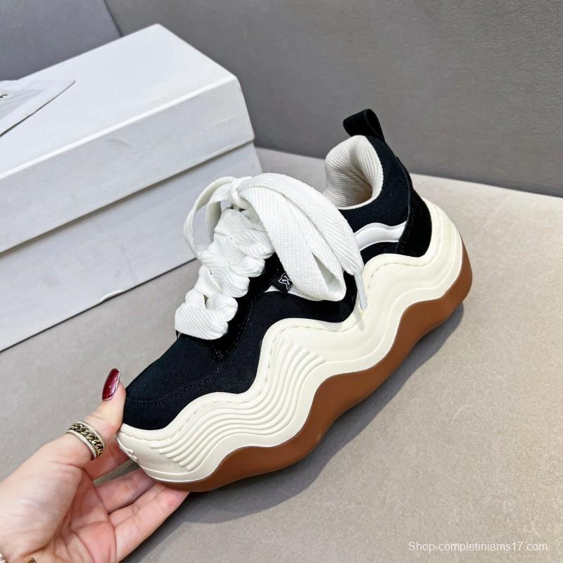 2025 Women HEYDAY Black White Canvas Leather Sneakers Wave Sole KFY00260