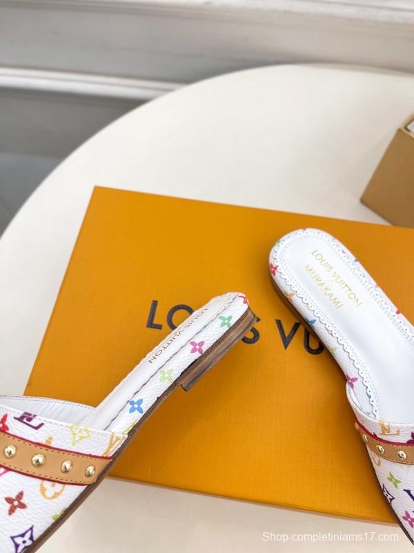 2025 Women Louis Vuitton White Multicolor Leather Slippers KFY00290