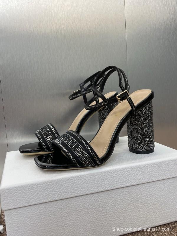 2025 Women Dior Black Patent Leather Crystal High Heel Sandals KFY00320