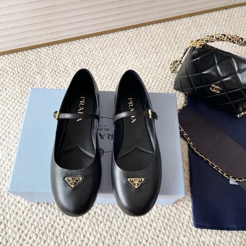 2025 Women Prada Black Leather Mary Jane Flat