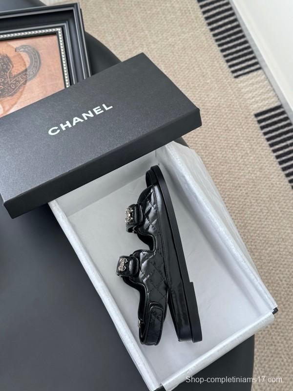2025 Women Chanel Black Patent Leather Sandals LY00320