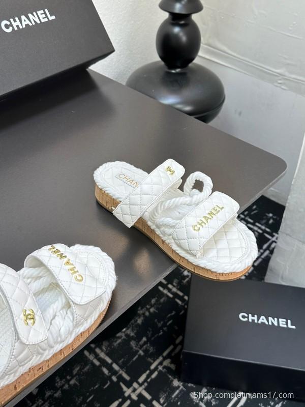 2025 Slippers Chanel White Quilted Fabric Cork Sole LY00250