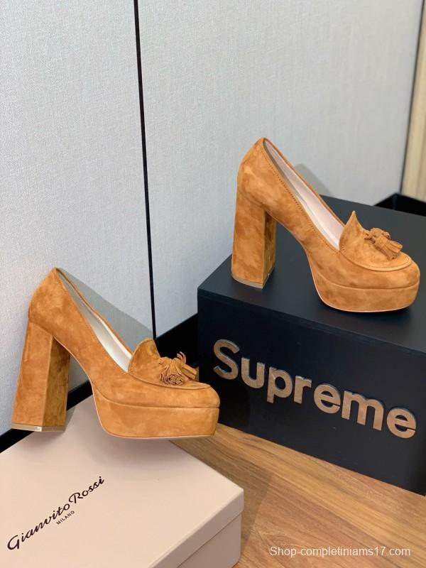 2025 Women Gianvito Rossi Brown Suede Platform Tassel Loafer