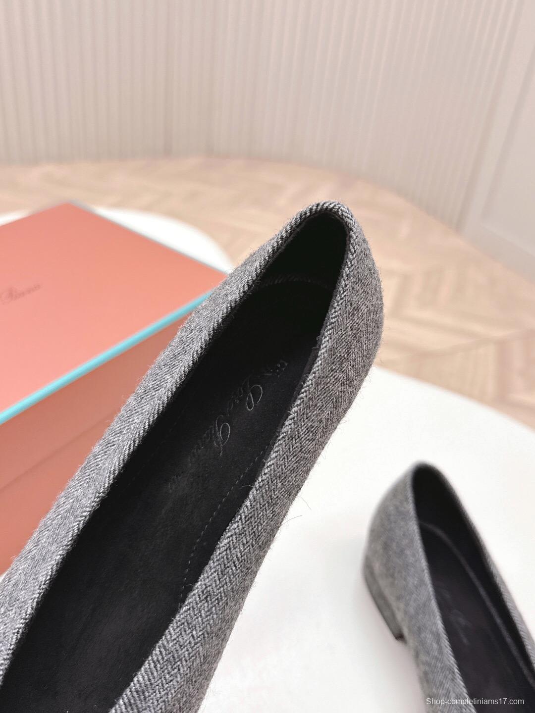 2025 Women LP Grey Black Fabric Leather Pointed Toe Loafers