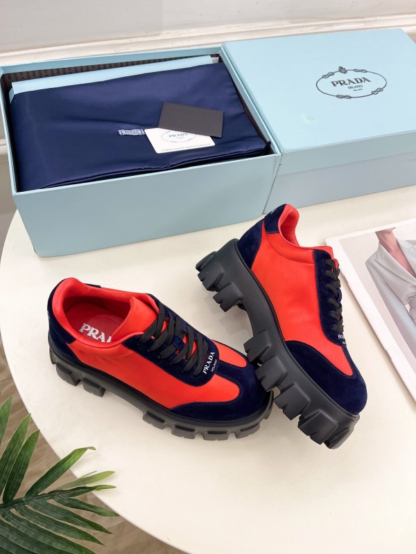 2025 Unisex Prada Red Navy Suede Silk Sneakers KFY00310(F)/KFY00330(M)