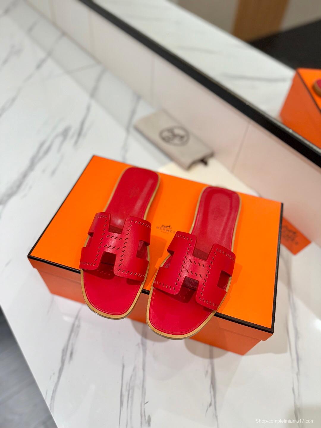 2025 Women Hermès Red Leather Slippers KFY00260