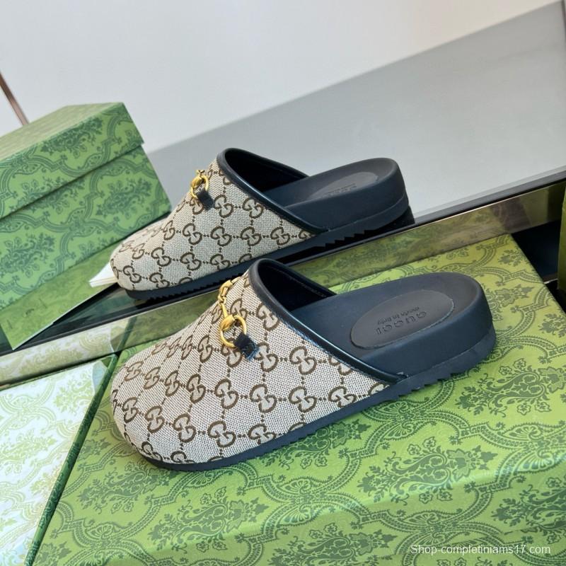 2024 Slippers Gucci Beige Brown Leather GG Pattern MJ00280
