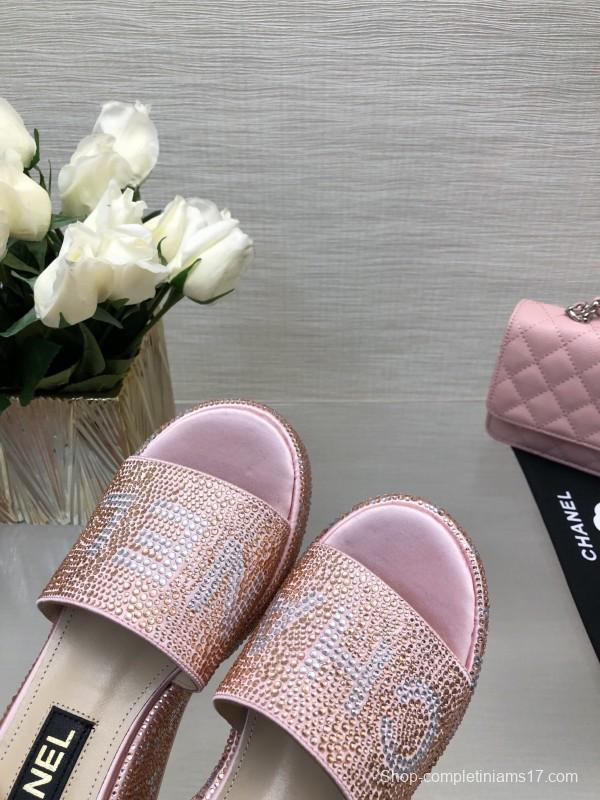2025 Slippers Chanel Pink Rhinestone Platform Slip-On LY00320