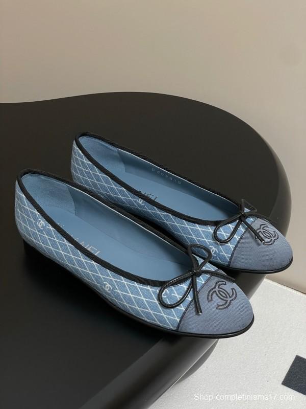 2025 Women Chanel Blue Denim Ballet Flats KFY00300
