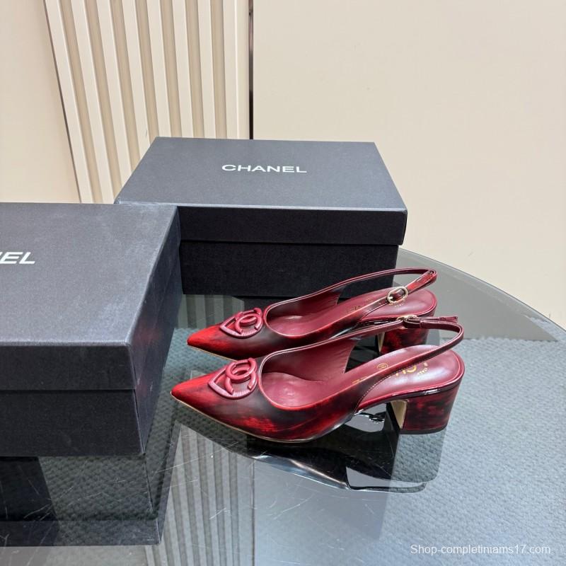 2025 Women Chanel Burgundy Leather Slingback Heels KFY00290
