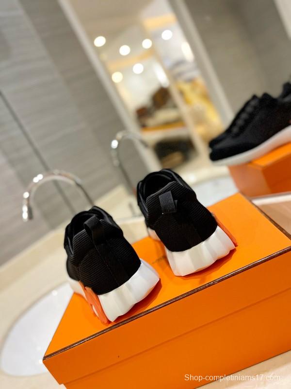 2024 Unisex Hermès Black Imported Silk Glazed Calf Suede Synthetic Fabric Sneakers MJ00320