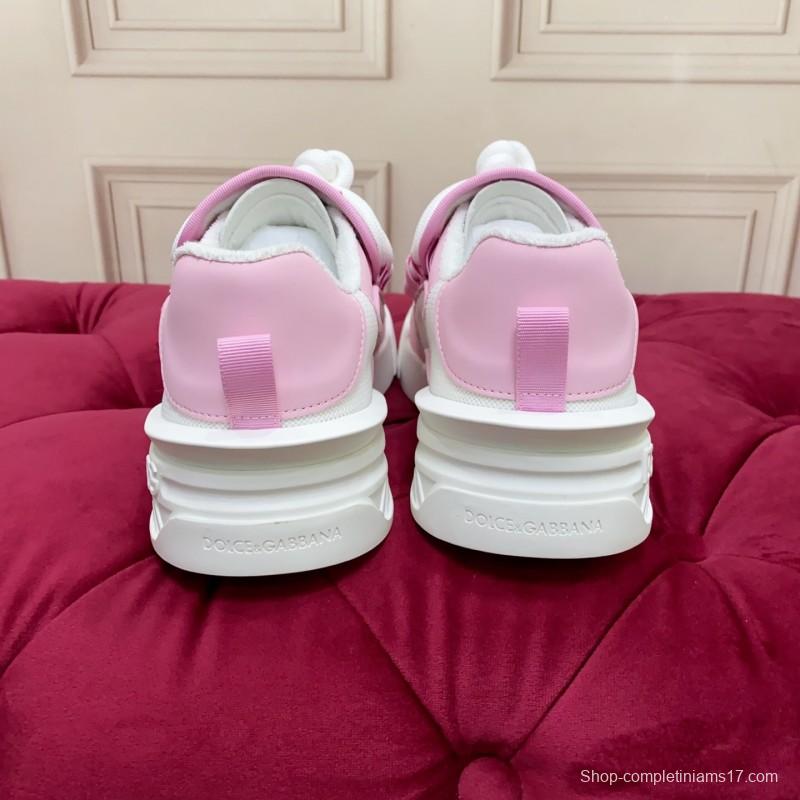2025 Women Dolce & Gabbana White Pink Leather Mesh Sneakers