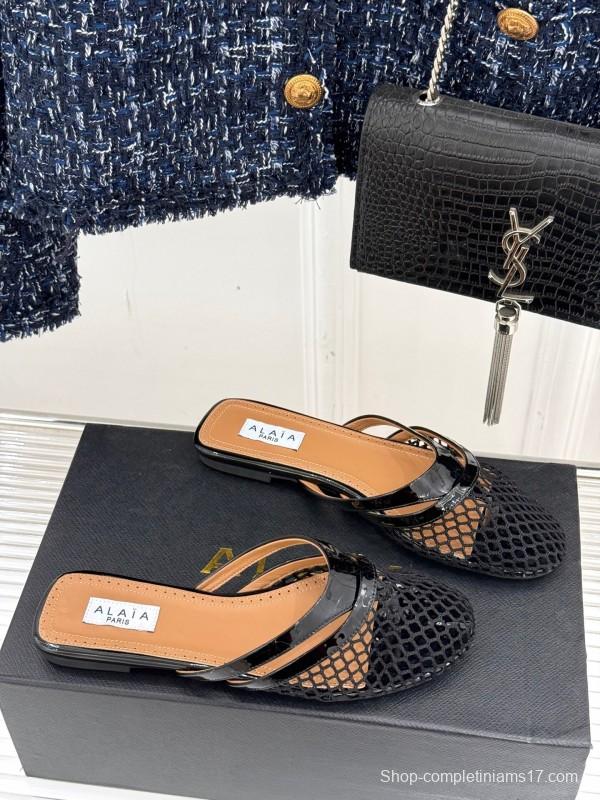 2025 Women AlAIA Black Leather Mesh Flat Mule KFY00260