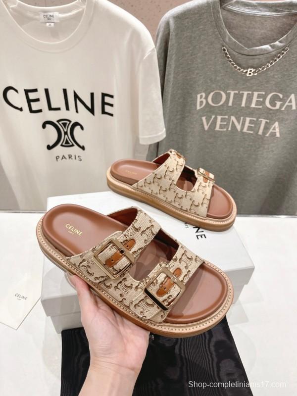 2025 Women Celine Beige Canvas Vintage Style Double Buckle Sandals Handcrafted Unisex LY00360(F)
