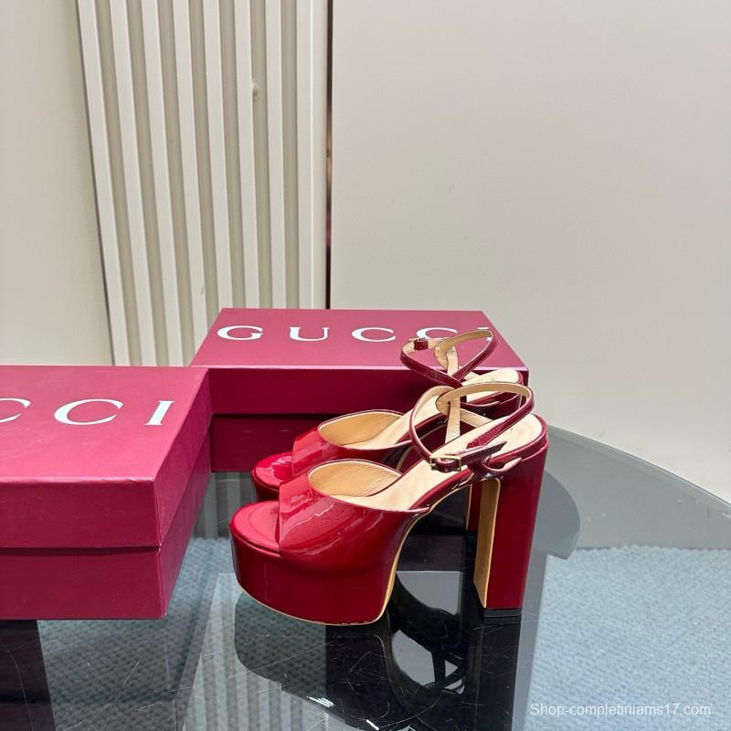 2025 Women Gucci Red Patent Leather Platform Sandals