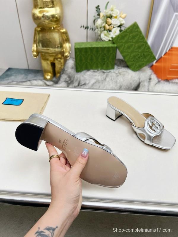 2025 Gucci Silver Leather Slippers MJ00190