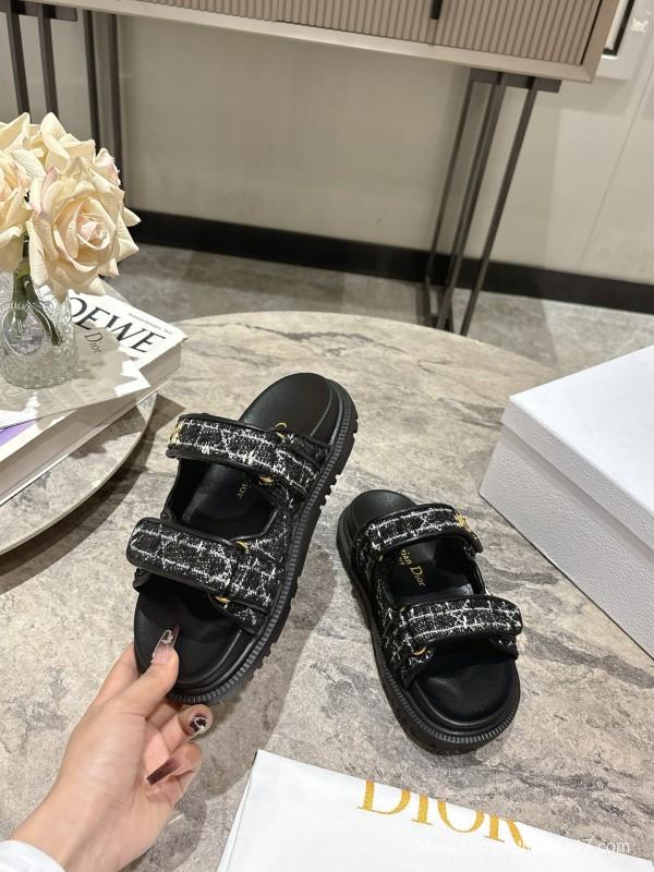 2025 Women Dior Black White Fabric Leather Sandals KFY00300