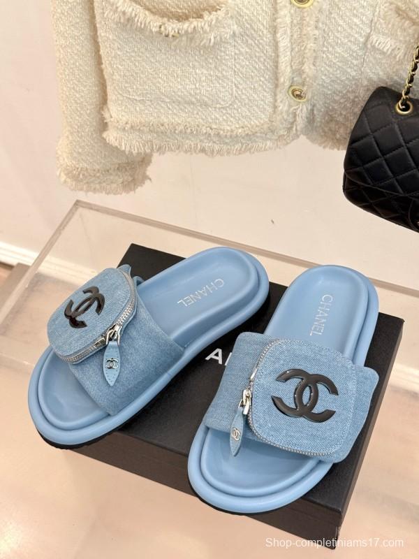 2025 Slippers Chanel Light Blue Denim Slippers KFY00220