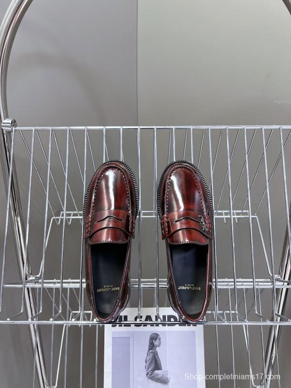 2025 Women Yves Saint Laurent Burgundy Calf Leather Loafers KFY00350