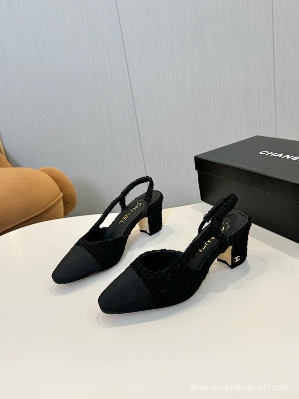 2025 Women Chanel Black Fabric Leather Slingback Heels LY00240