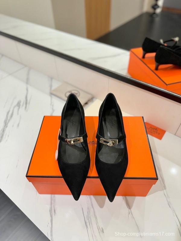 2025 Women Hermès Black Suede Pumps KFY00330