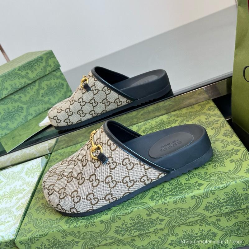 2024 Slippers Gucci Beige Brown Leather GG Pattern MJ00280