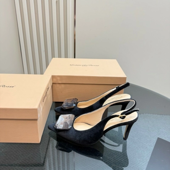 2025 Women Gianvito Rossi Black Velvet Slingback Heels Gemstone Decoration KFY00300
