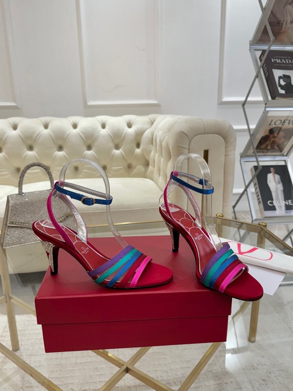 2025 Women Valentino Red Blue Green Pink Leather Suede High Heel Sandals LY00310