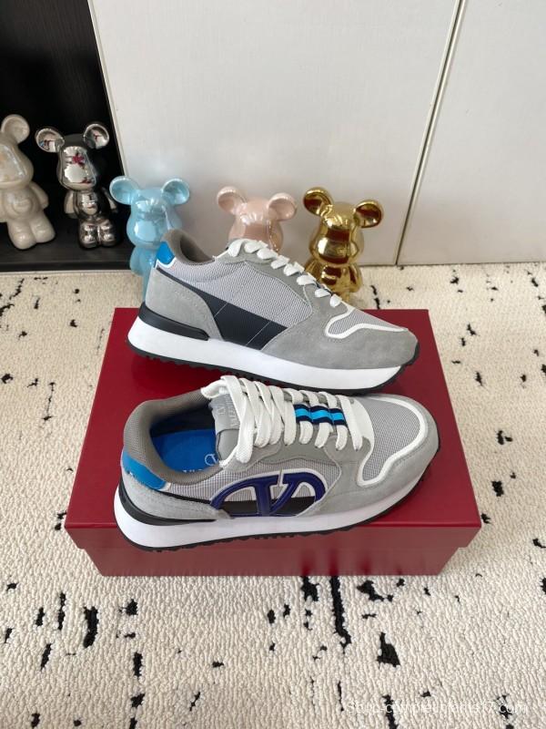 2025 Unisex Valentino Grey Blue White Leather Silk Glossy Running Sneakers LY00340