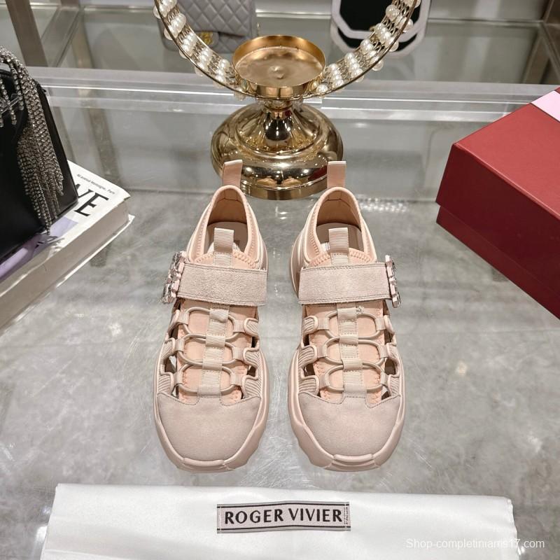 2025 Women Roger Vivier Pink Knit Suede Sneakers Crystal Buckle LY00300