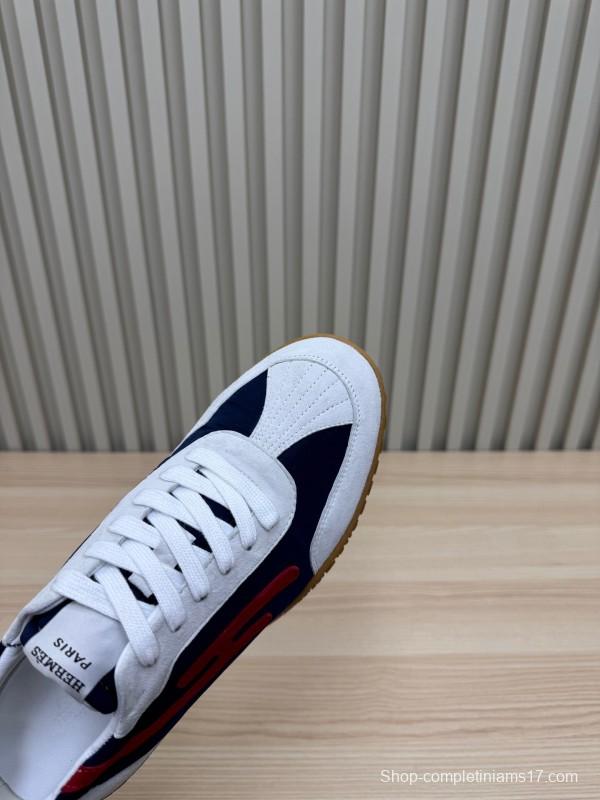 2025 Unisex Hermès White Navy Red Suede Down Fabric Sneakers Top Version LY00310