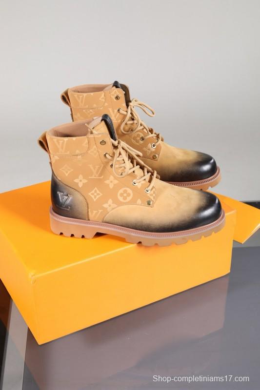 2024 Men Louis Vuitton Beige Black Leather Canvas Boots MJ00470